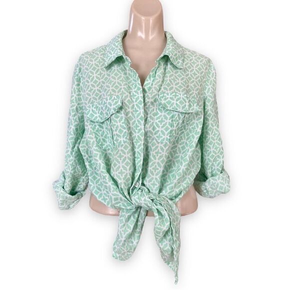 Charter Club Woman Linen Pattern Long Sleeve Button Tab Semi Sheer Blouse - Picture 2 of 15